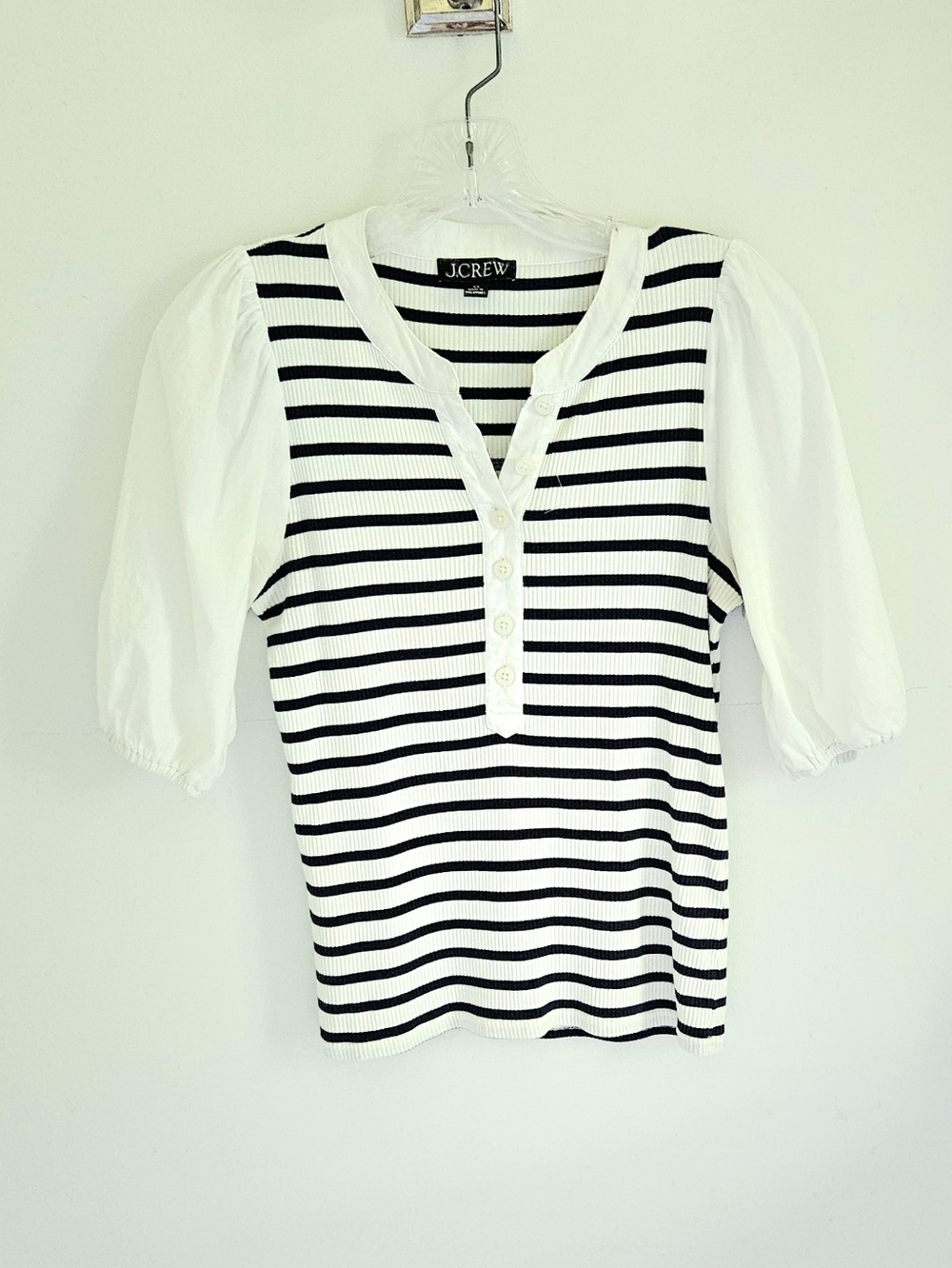 J. Crew Navy Stripe Puff Sleeve Top